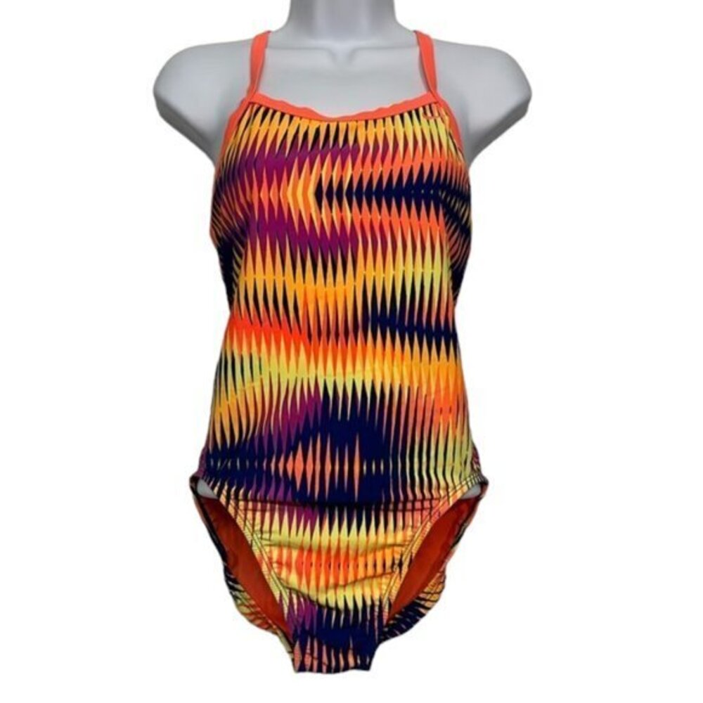 Women's Nike Shutter Multicolor Orange Navy Purple Swimsuit Size 10 EUC #1290